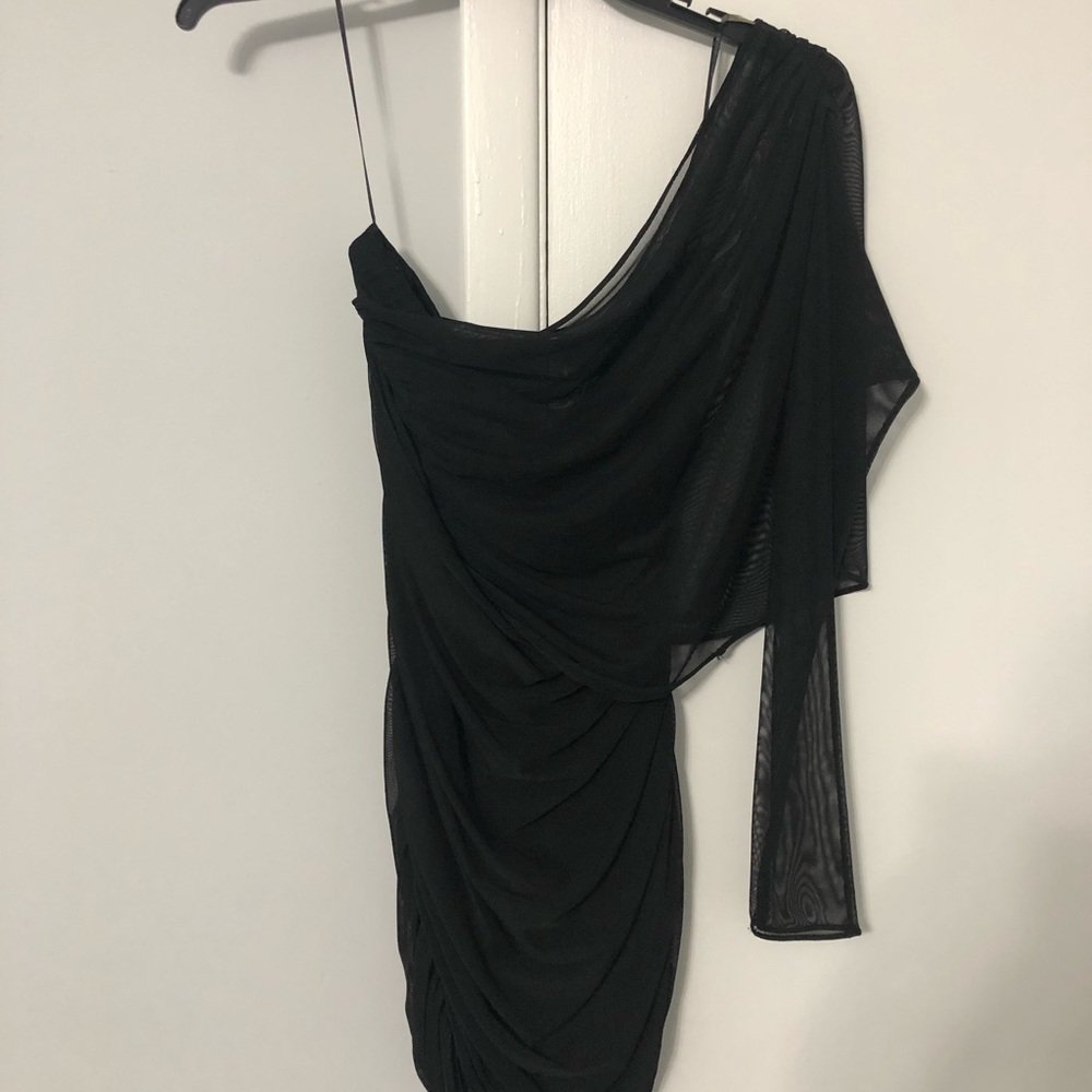 One sleeve black mini dress
